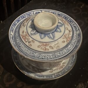 青花玲瓏加彩蓋碗