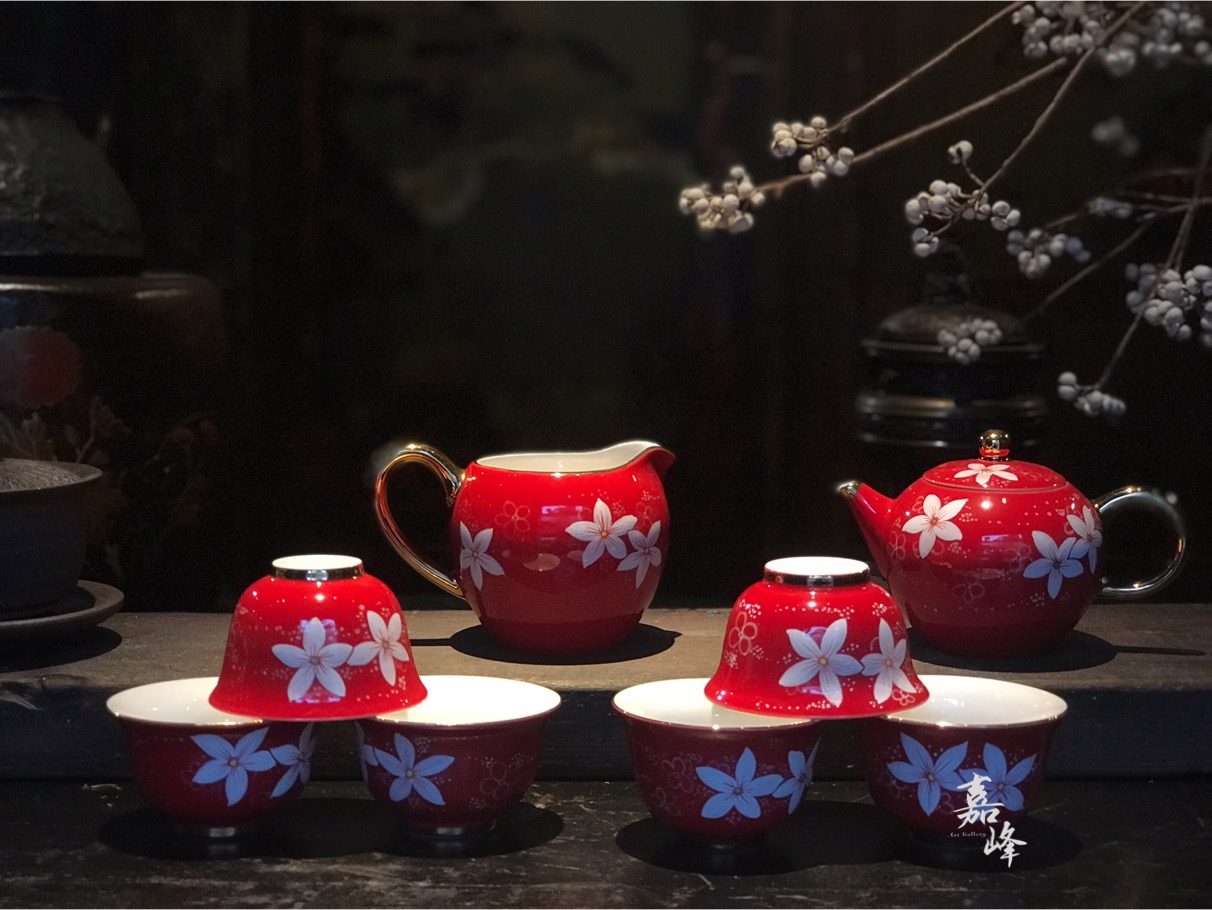 桐花紅釉金彩敬茶茶具組