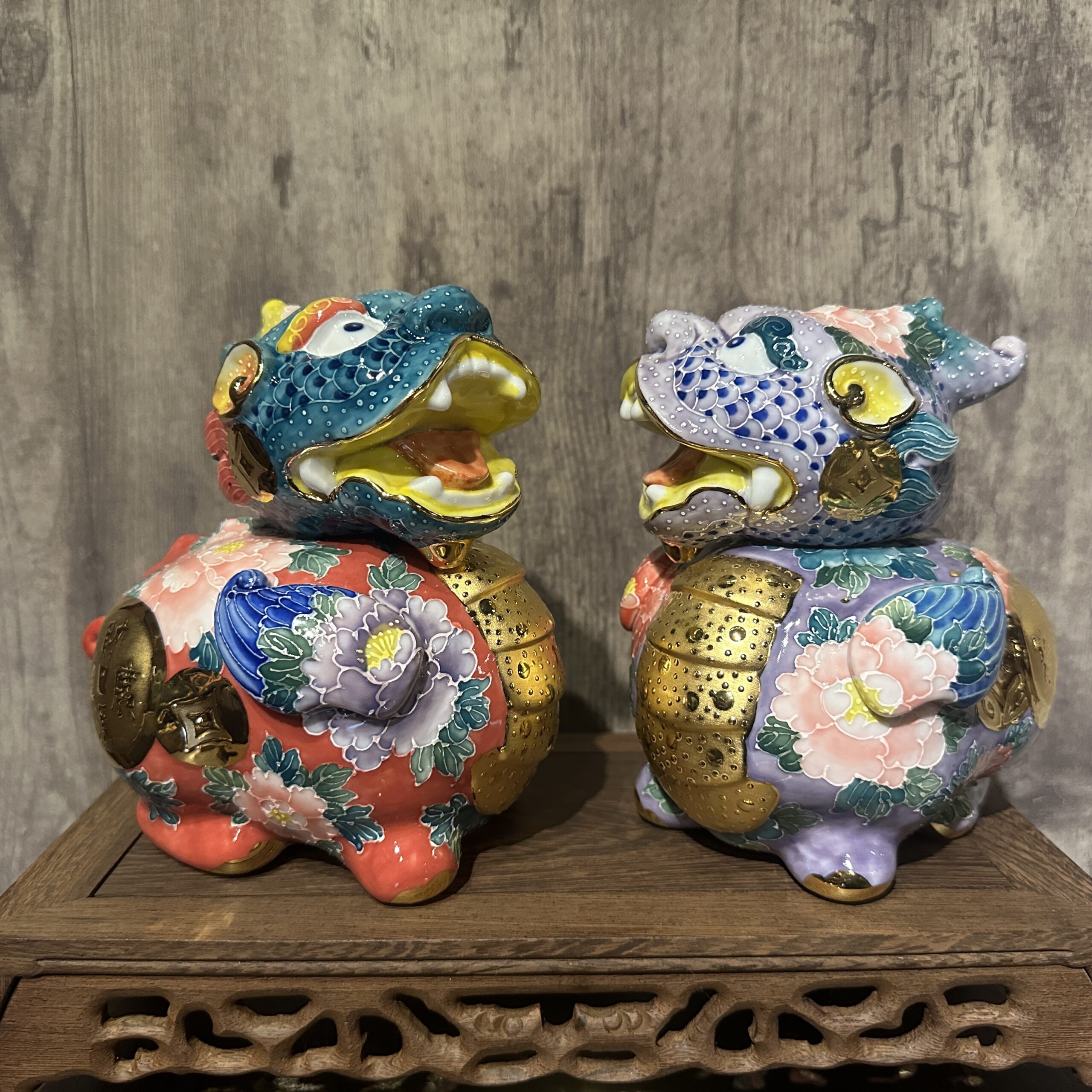 鎏金法華彩紫氣祥瑞貔貅對擺