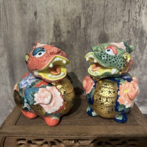 鎏金法華彩鴻運紅綠貔貅對擺